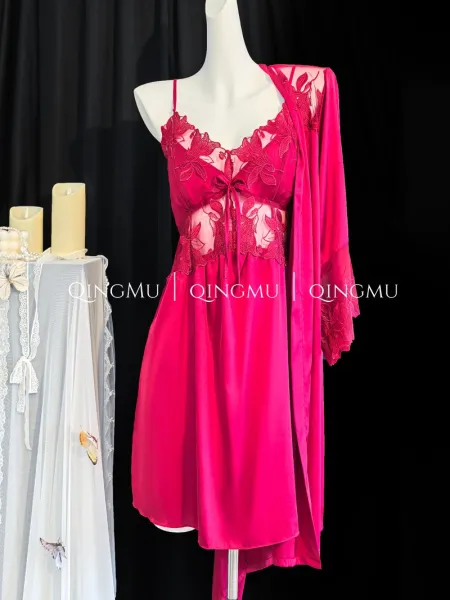 Design QINGMU Lace-Embroidered Sheer Robe Set in Light Blue Sleepwear - 29