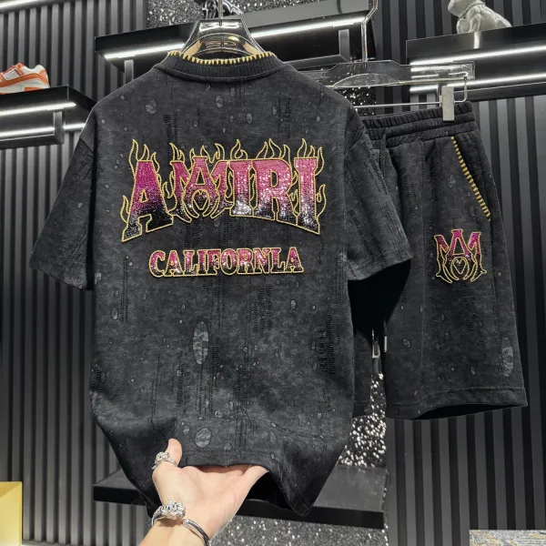 Amiri Flame Logo Washed Black T-Shirt and Shorts Set - 1