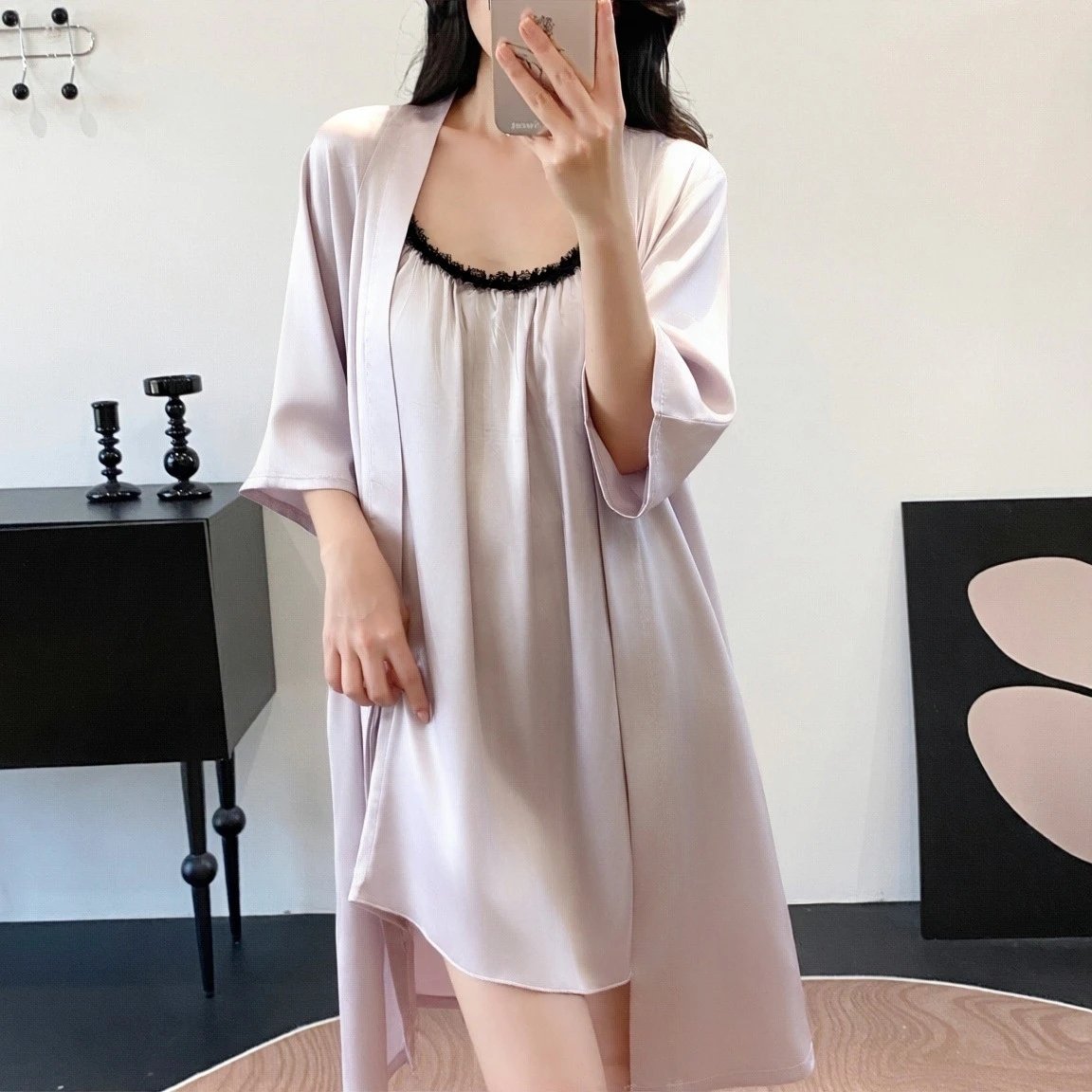 Design Lace-Trimmed Satin Slip Dress in Lilac Sleepwear - 13