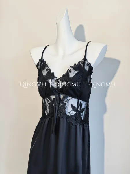 Design QINGMU Lace-Embroidered Sheer Robe Set in Light Blue Sleepwear - 39
