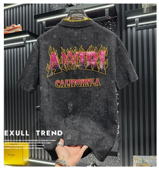 Amiri Flame Logo Washed Black T-Shirt and Shorts Set - 8