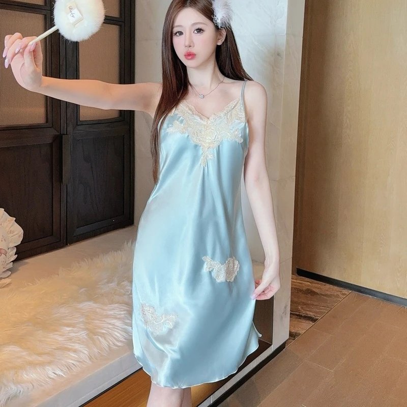 Design Lace-Embroidered Satin Slip Dress Beige Sleepwear - 3