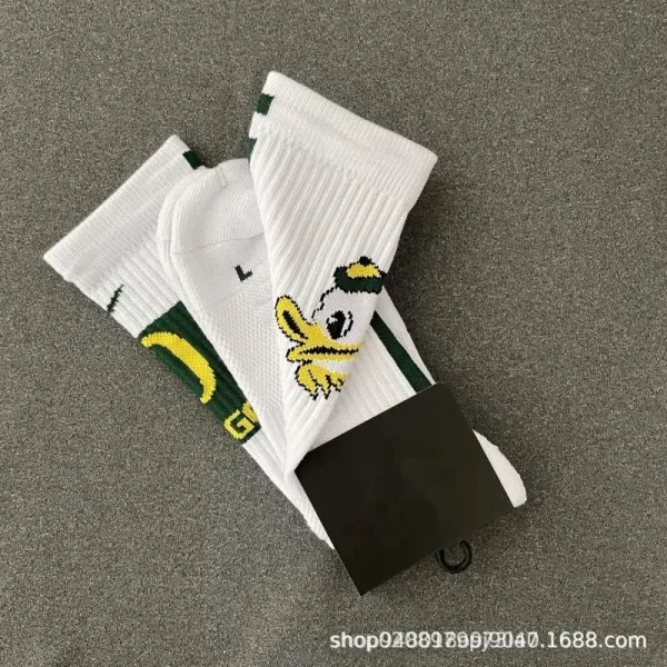 Design Oregon Ducks Mascot Socks White Green Yellow Crew Socks - 1