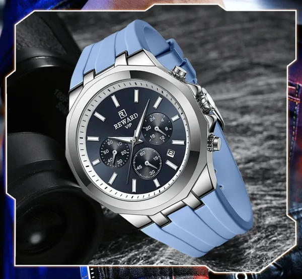 Design Reward VIP Chronograph Blue Silicone Strap Watch Watches - 14