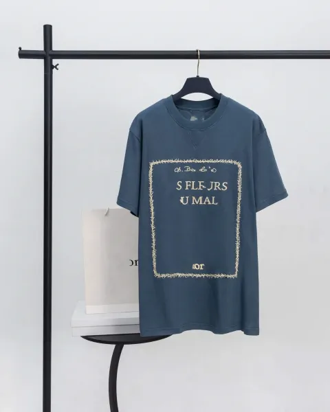 Design Embroidered Barbed Wire Frame T-Shirt Navy - 1