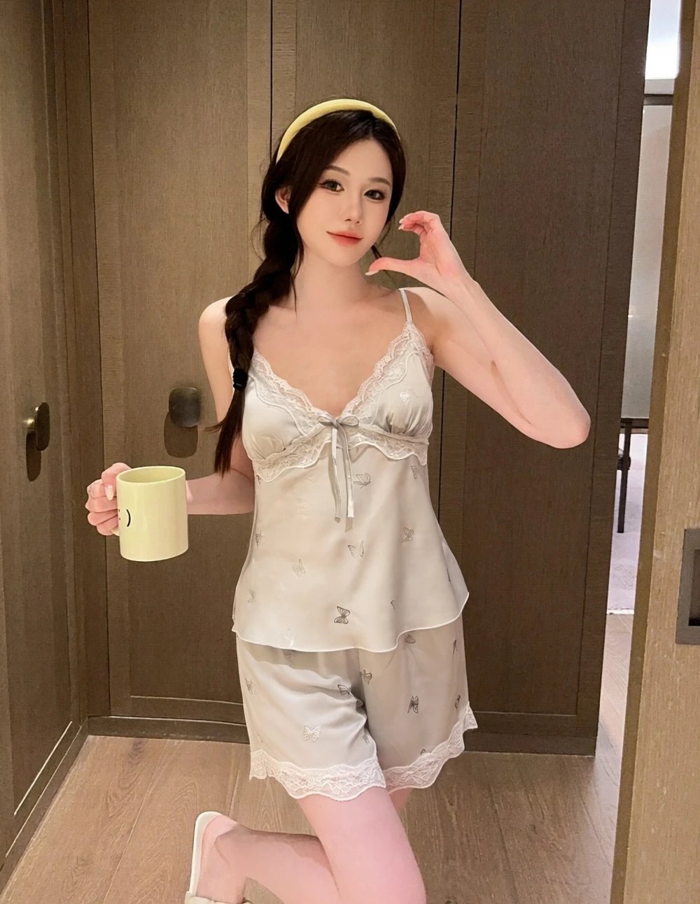 Design Butterfly Print Lace Trim Sleepwear Set White - 13