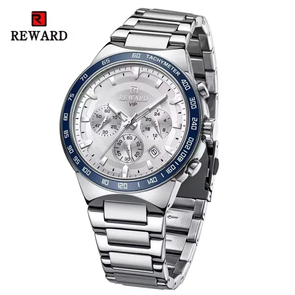 Design Reward VIP Chronograph Silver Dial Blue Bezel Stainless Steel Watch Watches - 1
