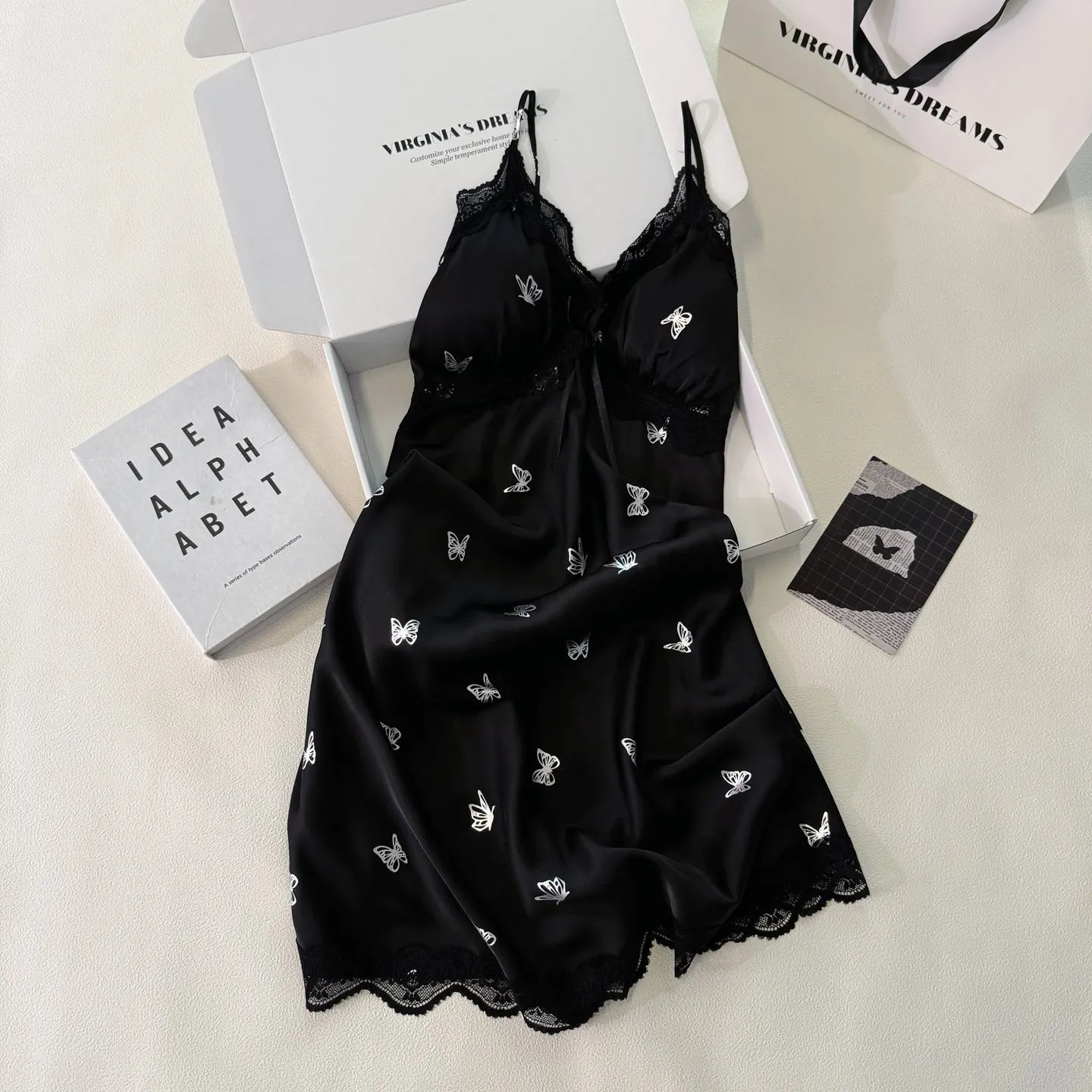 Design Virginia's Dreams Butterfly Lace Trim Satin Slip Dress Sleepwear - 18