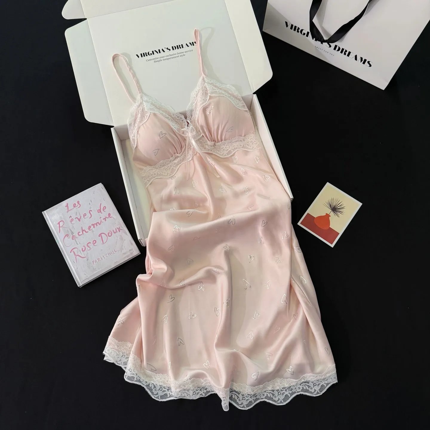 Design Virginia's Dreams Butterfly Lace Trim Satin Slip Dress Sleepwear - 19