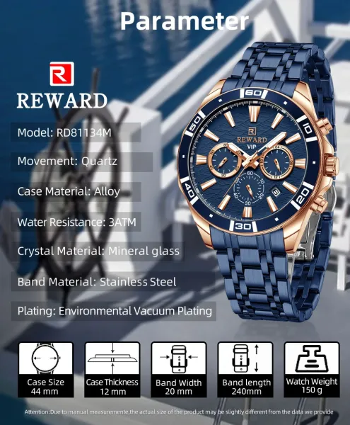 Design Reward VIP Chronograph Black and Blue Steel Watch Watches - 8