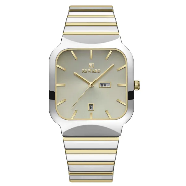 Design Reward Square Dial Two-Tone Stainless Steel Watch with Date and Day Display Watches - 1
