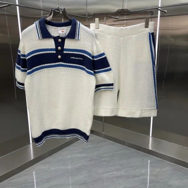 Casablanca Knit Polo and Shorts Set White Navy Striped - 1