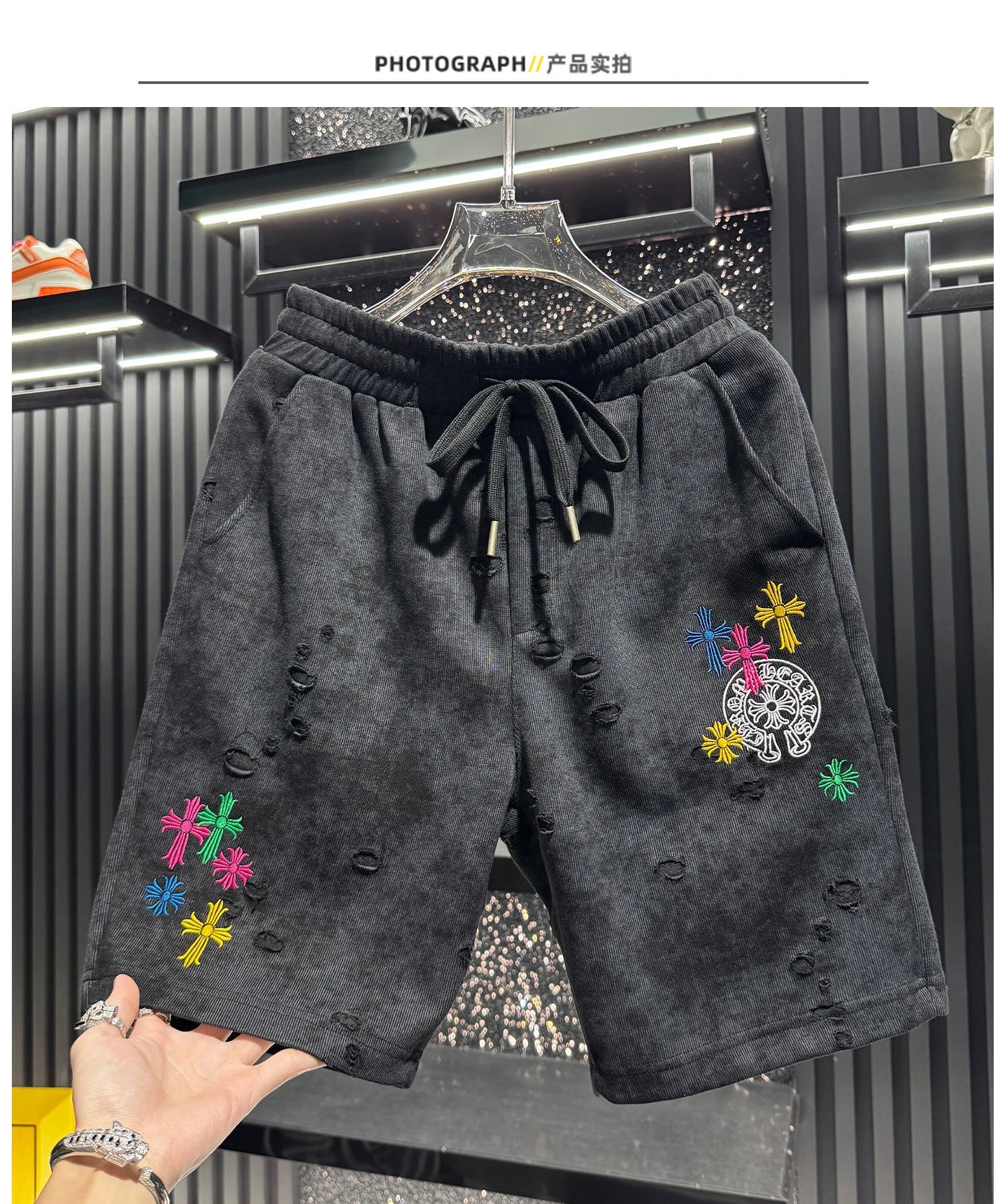 Chrome Hearts x Custom Embroidered Distressed Corduroy Shorts Black - 6