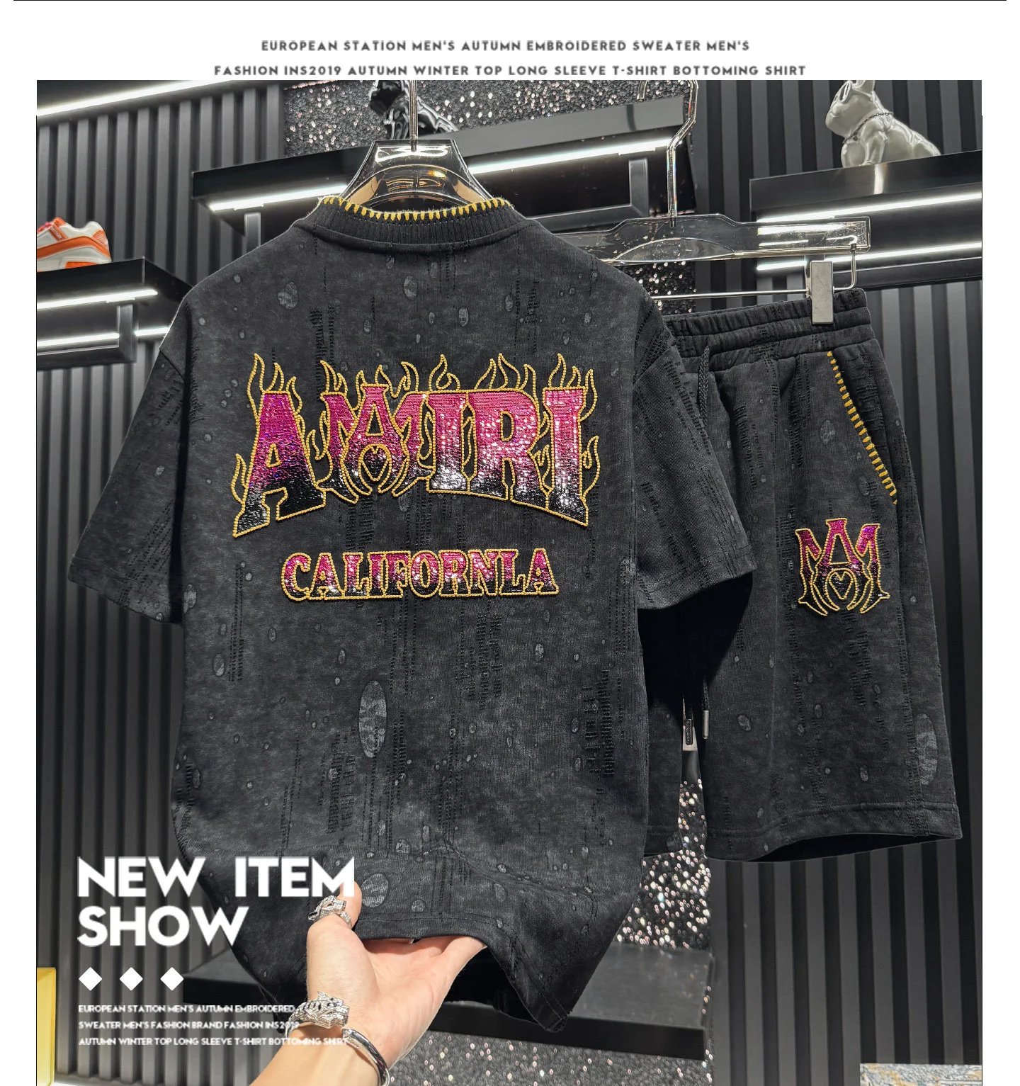 Amiri Flame Logo Washed Black T-Shirt and Shorts Set - 5