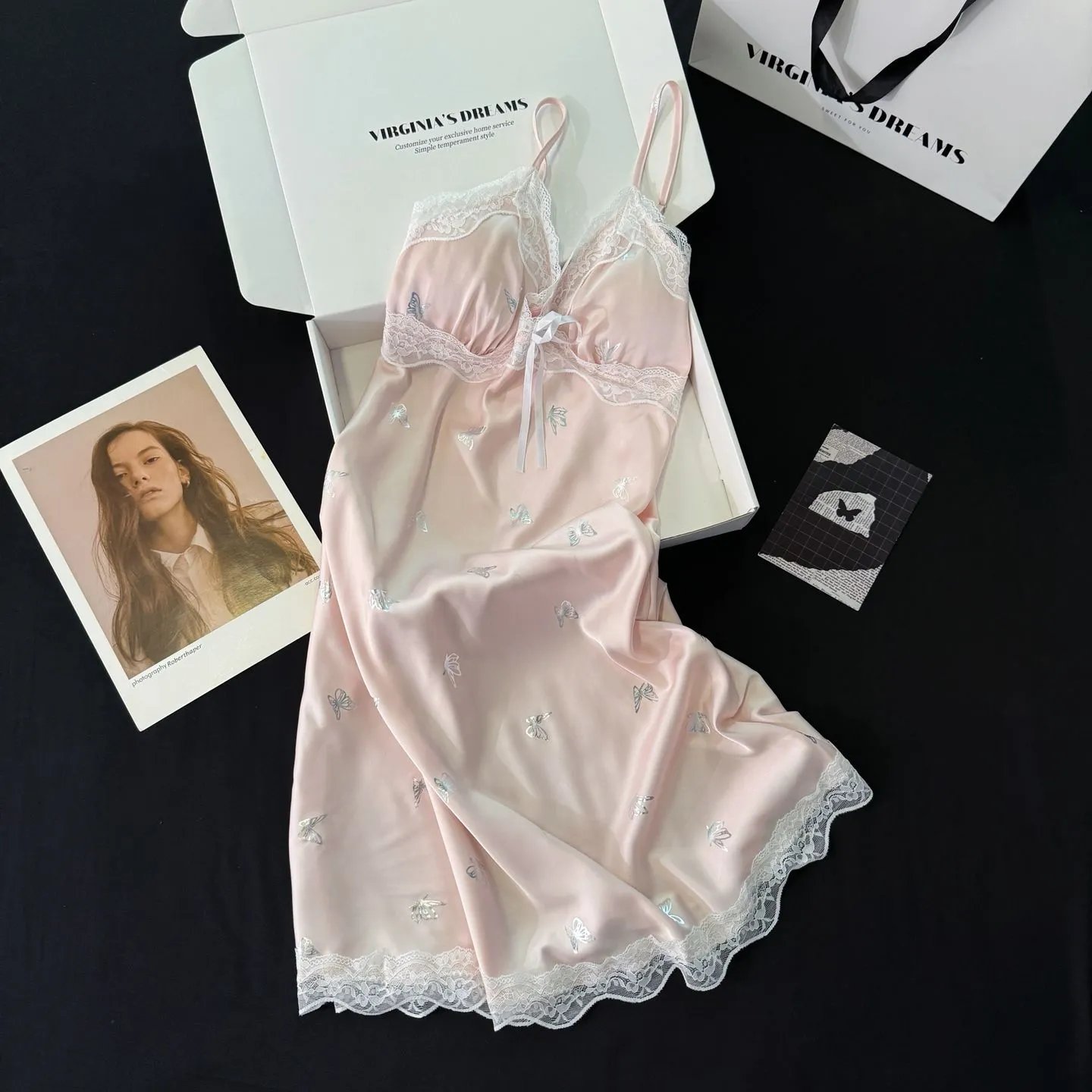 Design Virginia's Dreams Butterfly Lace Trim Satin Slip Dress Sleepwear - 3