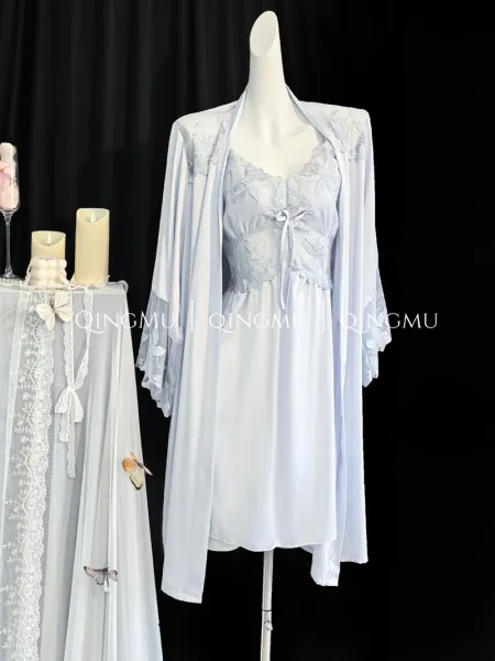 Design QINGMU Lace-Embroidered Sheer Robe Set in Light Blue Sleepwear - 18
