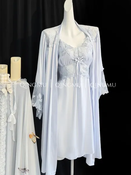 Design QINGMU Lace-Embroidered Sheer Robe Set in Light Blue Sleepwear - 20