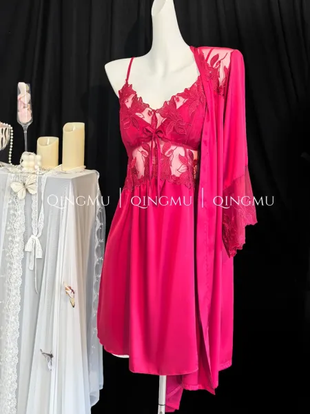 Design QINGMU Lace-Embroidered Sheer Robe Set in Light Blue Sleepwear - 30