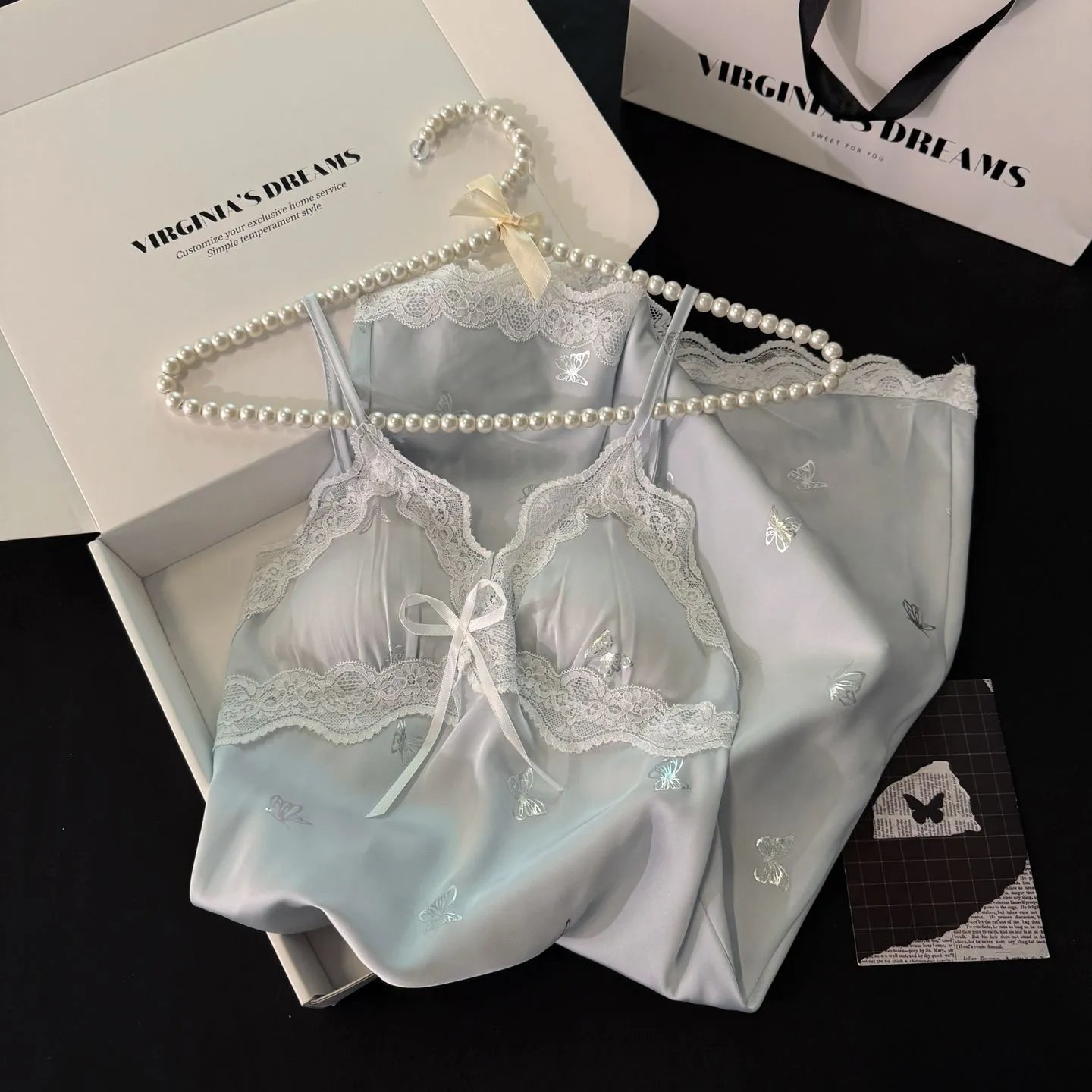 Design Virginia's Dreams Butterfly Lace Trim Satin Slip Dress Sleepwear - 10