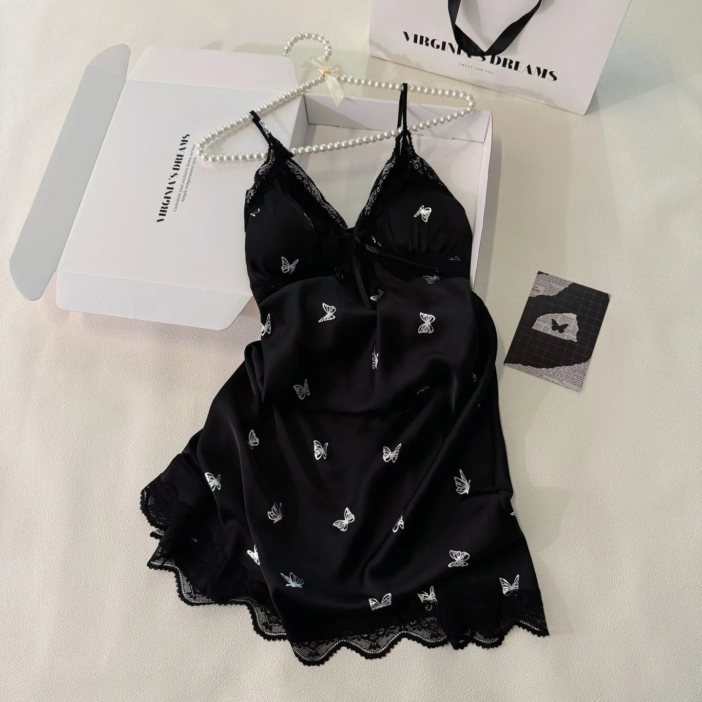 Design Virginia's Dreams Butterfly Lace Trim Satin Slip Dress Sleepwear - 14