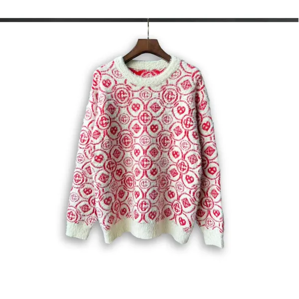 Design All-Over Logo Print Fuzzy Knit Sweater White Red - 1