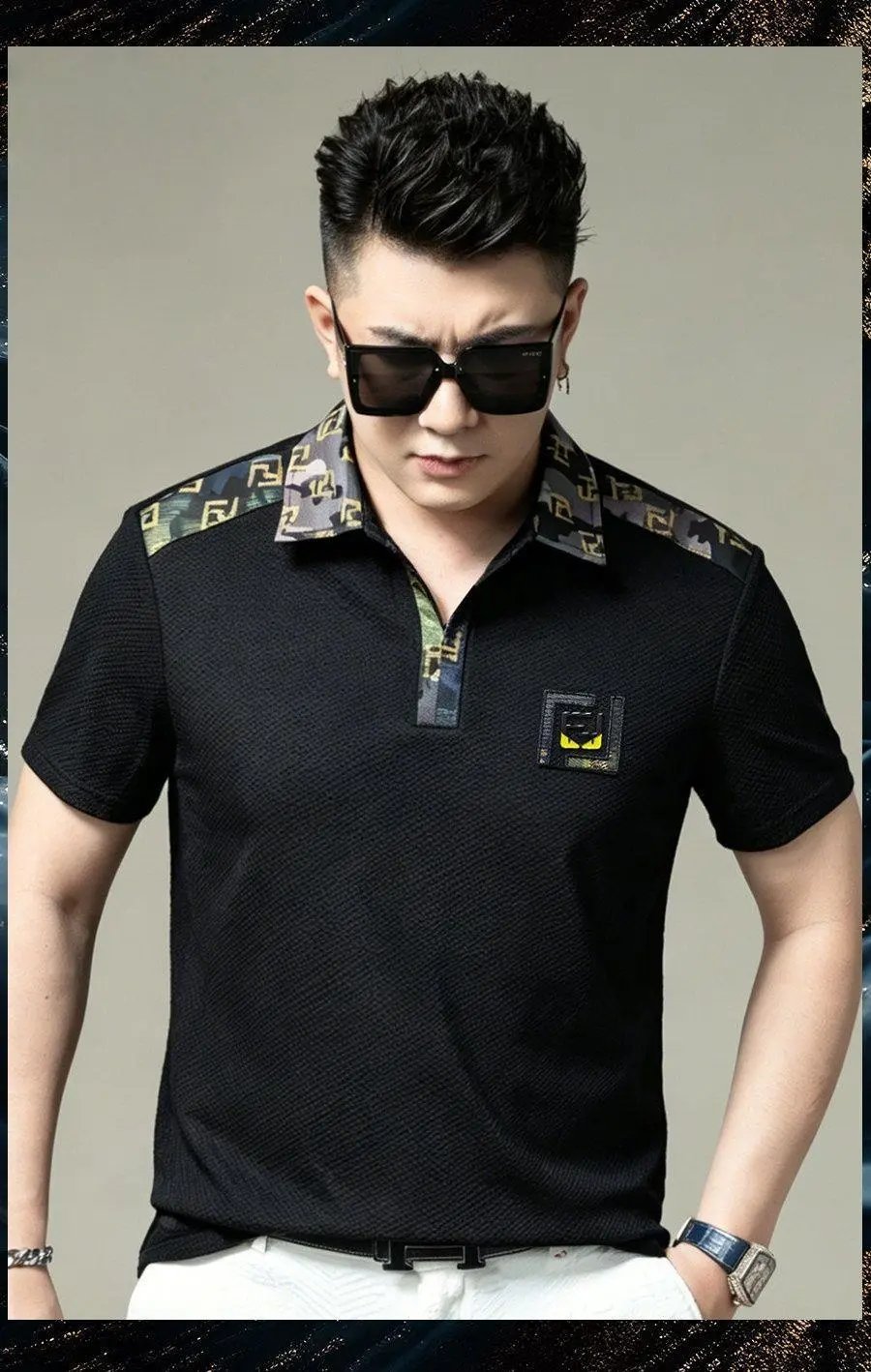 Fendi Logo-Embellished Camo-Shoulder Polo Black Polo Shirt - 6