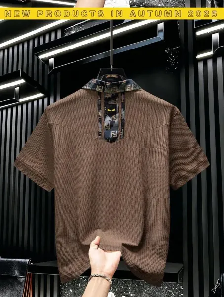Design BV&SK Camo Collar Mesh Polo Brown Polo Shirt - 6