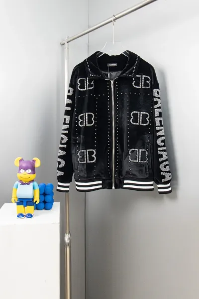 Balenciaga Crystal-Embellished Velvet Bomber Jacket Black Outerwear - 1