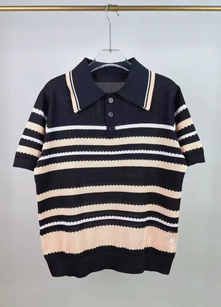 Design Striped Knit Polo Black Beige White Tops.polo - 1