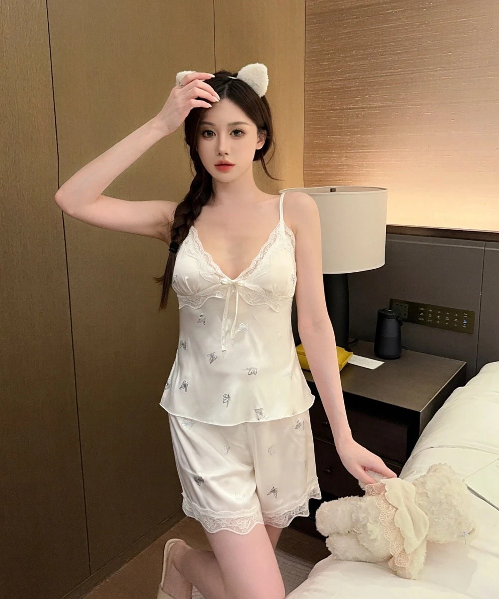 Design Butterfly Print Lace Trim Sleepwear Set White - 4