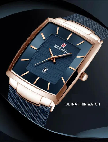 Design Reward Square Case Blue Dial Rose Gold Watch Watches - 4