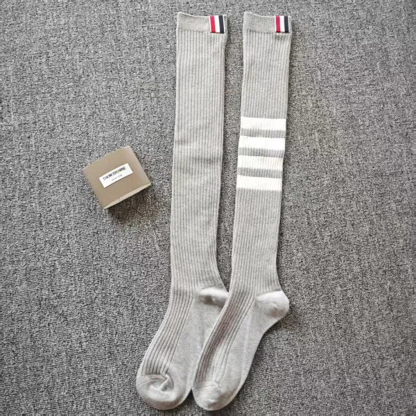 Thom Browne Ribbed Knee-High Socks Gray with Four-Bar Stripe - 1