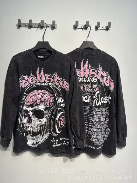 Hellstar Records Skull Headphones Long Sleeve T-Shirt Black Washed - 1
