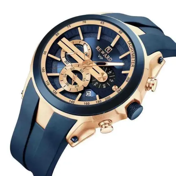Design Reward VIP Chronograph Watch Gold and Navy Silicone Strap Watches - 1
