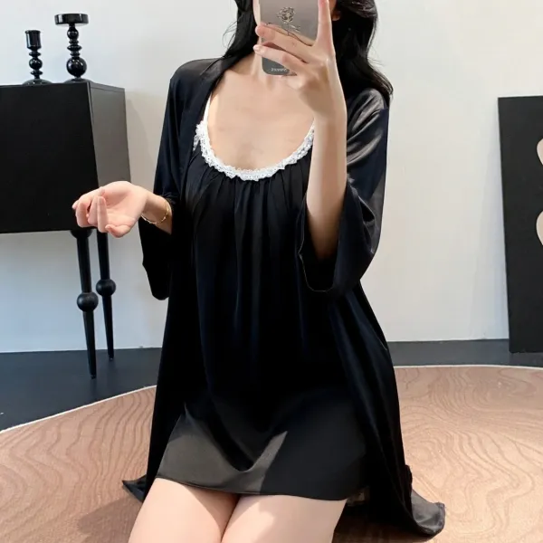 Design Lace-Trimmed Satin Slip Dress with Robe Set Black Sleepwear - 1