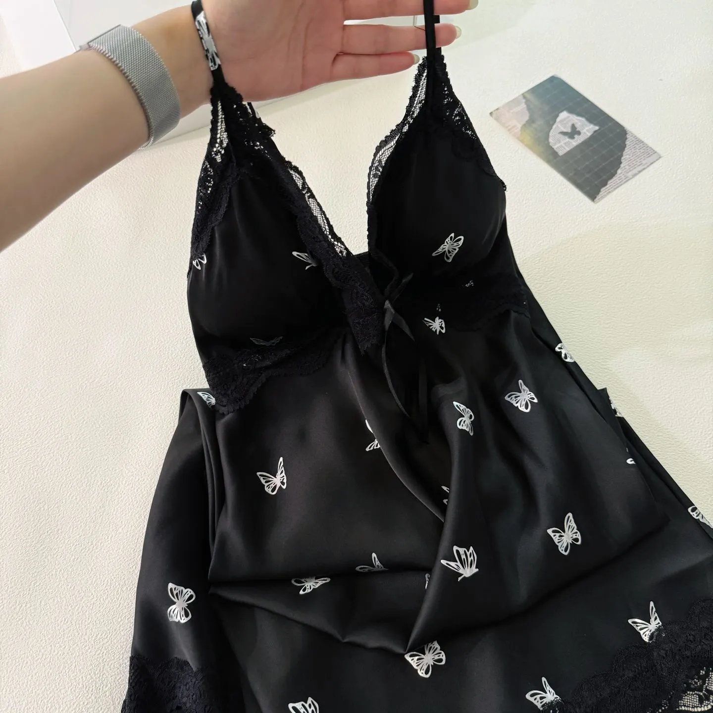 Design Virginia's Dreams Butterfly Lace Trim Satin Slip Dress Sleepwear - 15