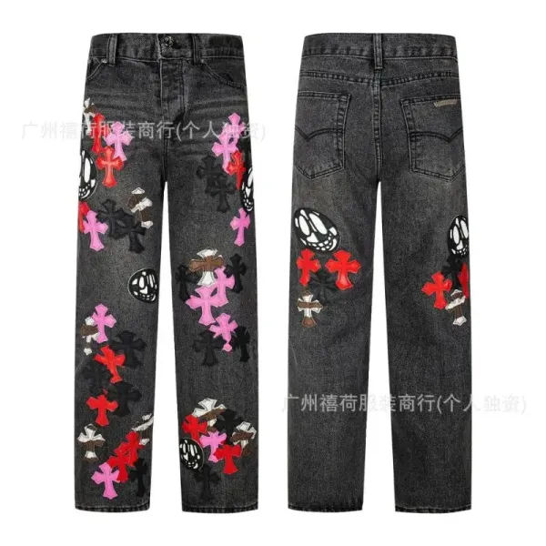 Chrome Hearts Cross & Skull Embroidered Distressed Black Jeans - 1