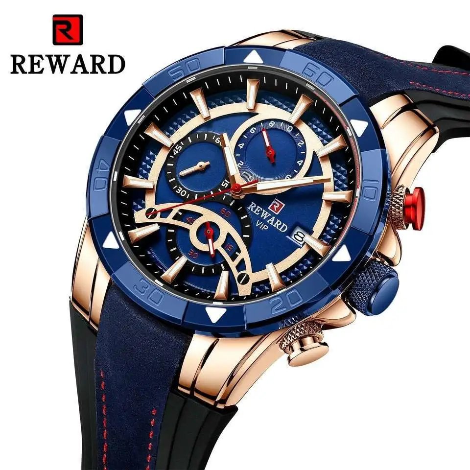 REWARD男士手表真皮+硅胶表带防水夜光石英表时尚初高中运动手表