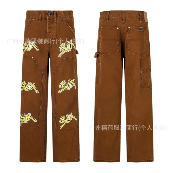 Design Workwear Pants with 'SEX' Graffiti Print Brown Pants - 1
