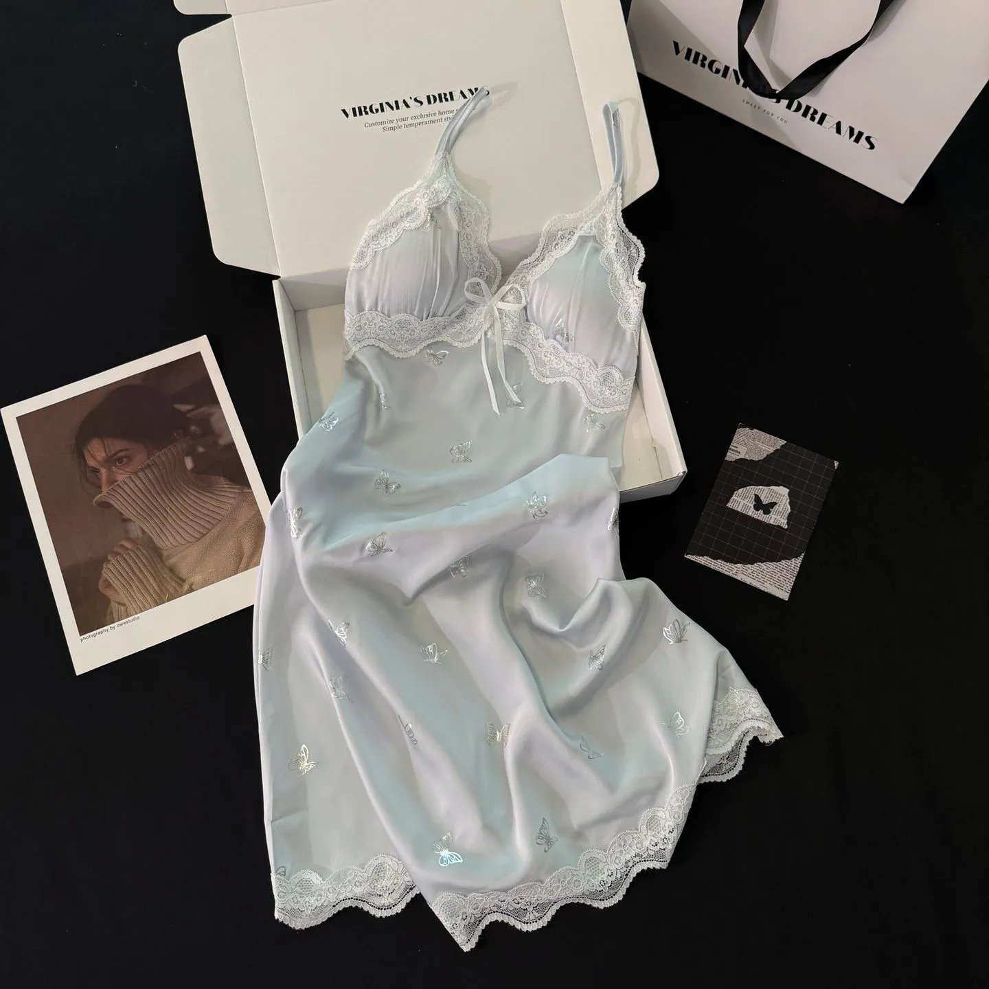 Design Virginia's Dreams Butterfly Lace Trim Satin Slip Dress Sleepwear - 9
