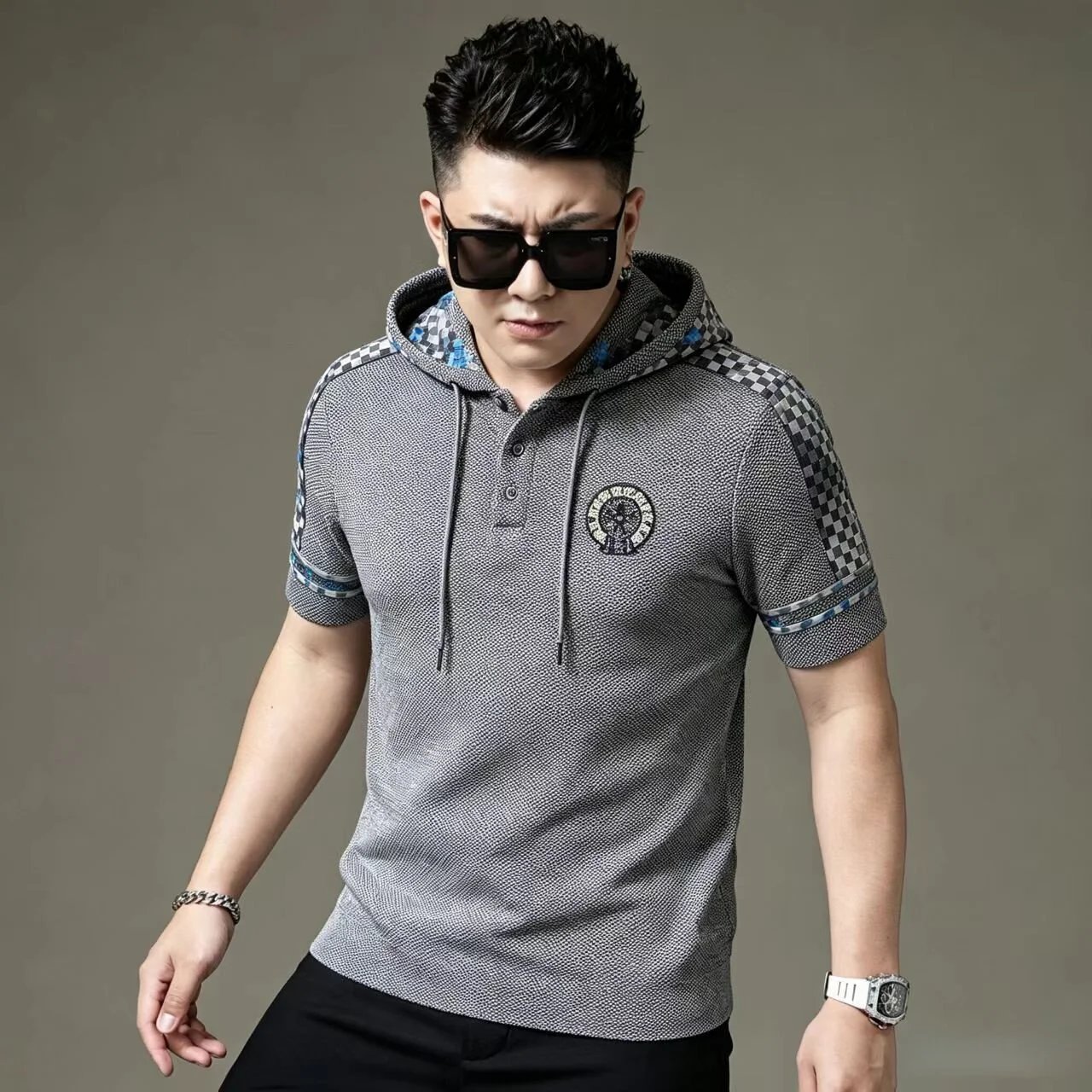 Design Pixel Pattern Hooded Polo Gray Multicolor Hoodie - 6