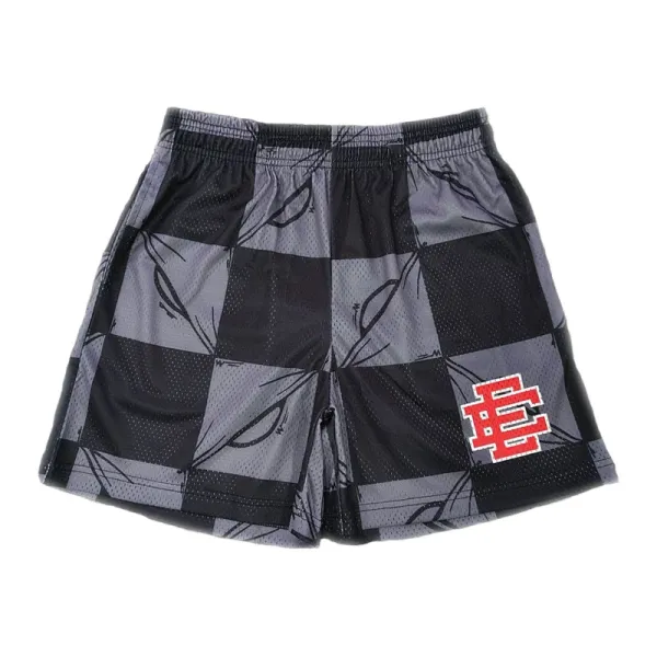 Design Checkerboard Print Mesh Shorts Black Gray Red - 1