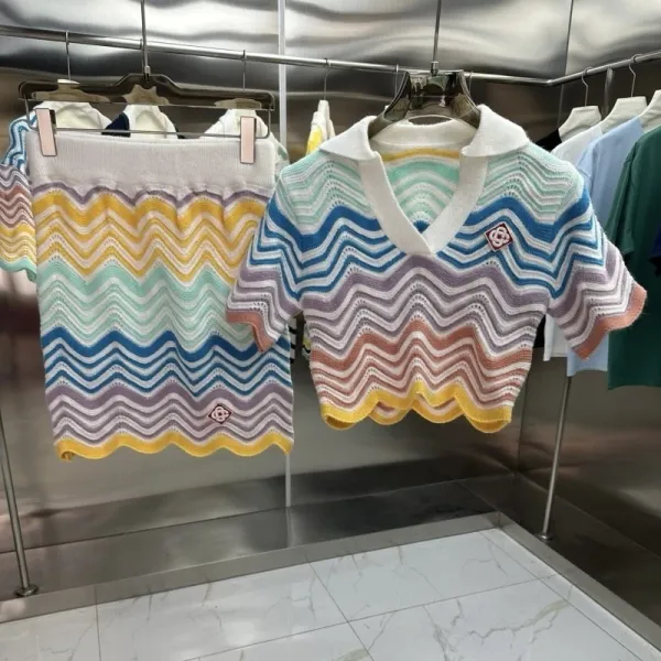 Casablanca Knit Polo and Shorts Set White Navy Striped - 15