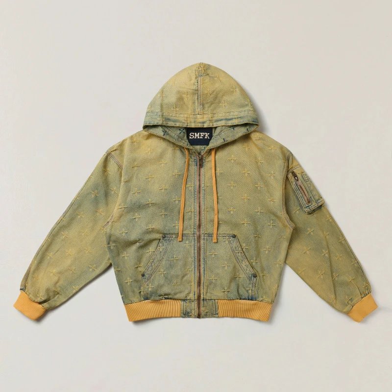 SMF SMFK Hooded Denim Jacket Olive Green Cross-Stitch Embroidery Outerwear