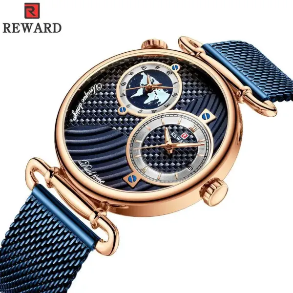 Design Reward Dual Time World Map Rose Gold Blue Mesh Watch Watches - 1