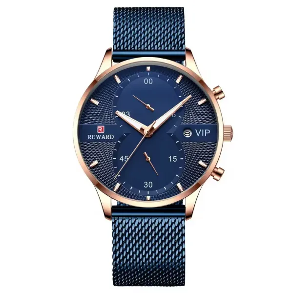 Design Reward VIP Chronograph Blue Rose Gold Mesh Watch Watches - 1