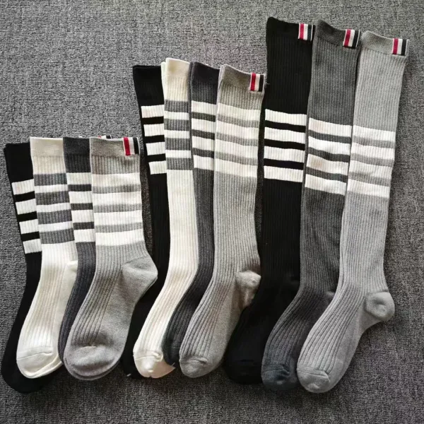 Thom Browne Ribbed Knee-High Socks Gray with Four-Bar Stripe - 3