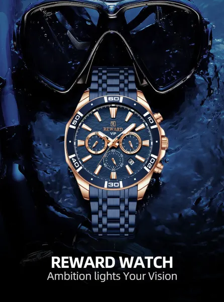 Design Reward VIP Chronograph Black and Blue Steel Watch Watches - 3