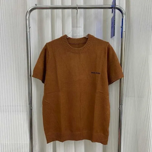 Miu Miu Ribbed Knit Short-Sleeve Top Camel Sweater - 1