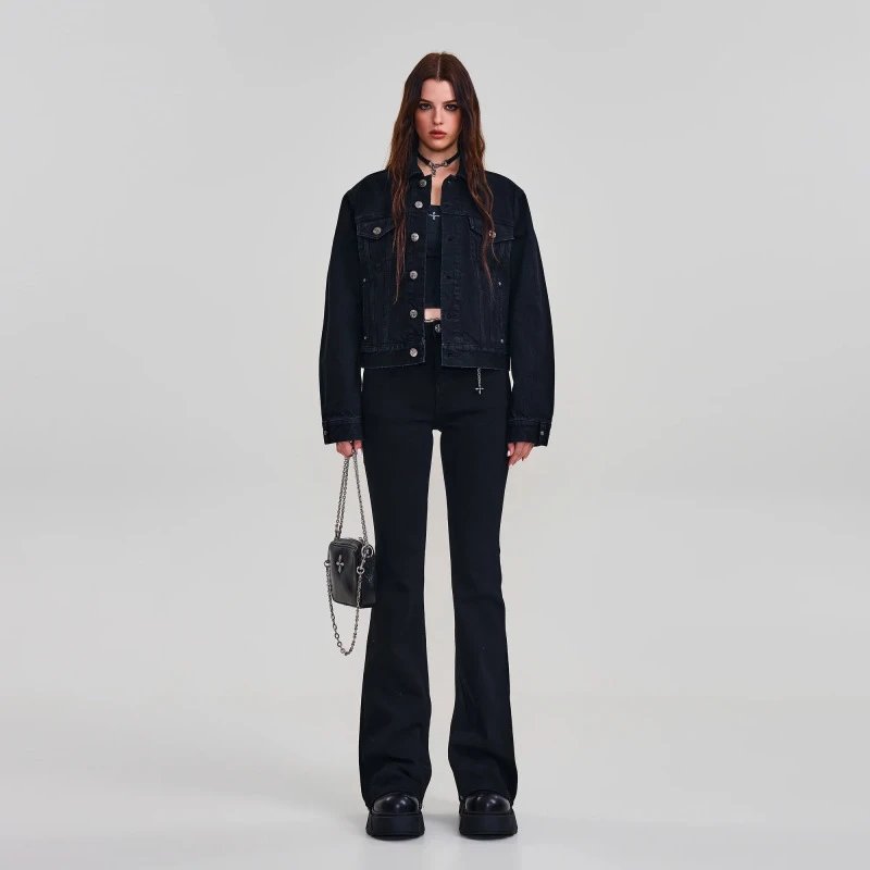 SMF SMFK Cropped Denim Jacket Black Denim Jacket - 3